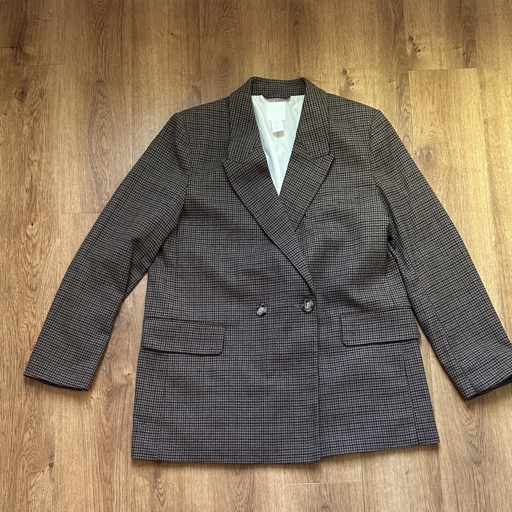 H&M‎ Brown, Black, Tan, Gray Houndstooth Oversized Blazr